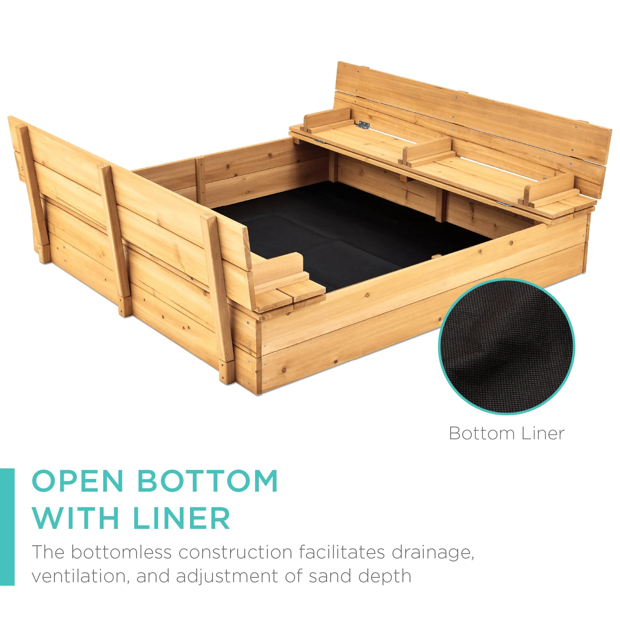 Kids Cedar Sandbox w/ Sand Screen, 2 Benches - 47x47in