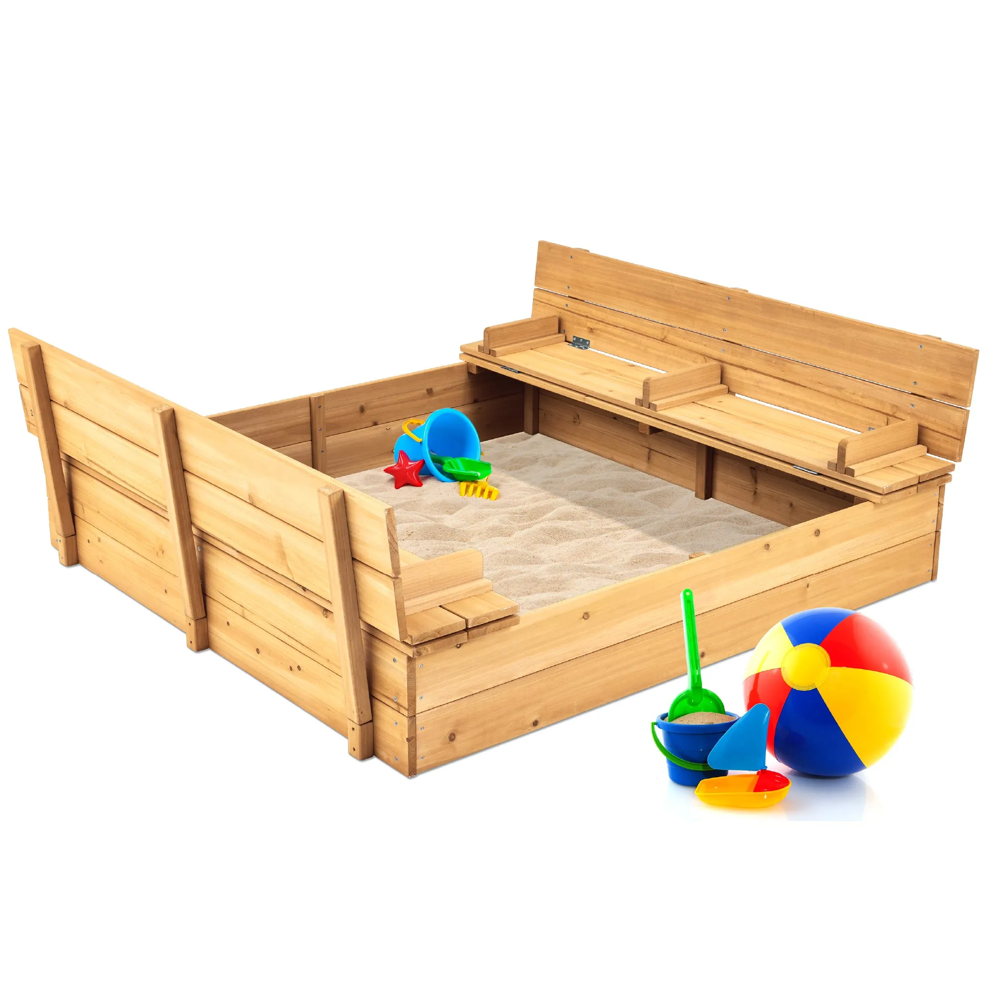 Kids Cedar Sandbox w/ Sand Screen, 2 Benches - 47x47in