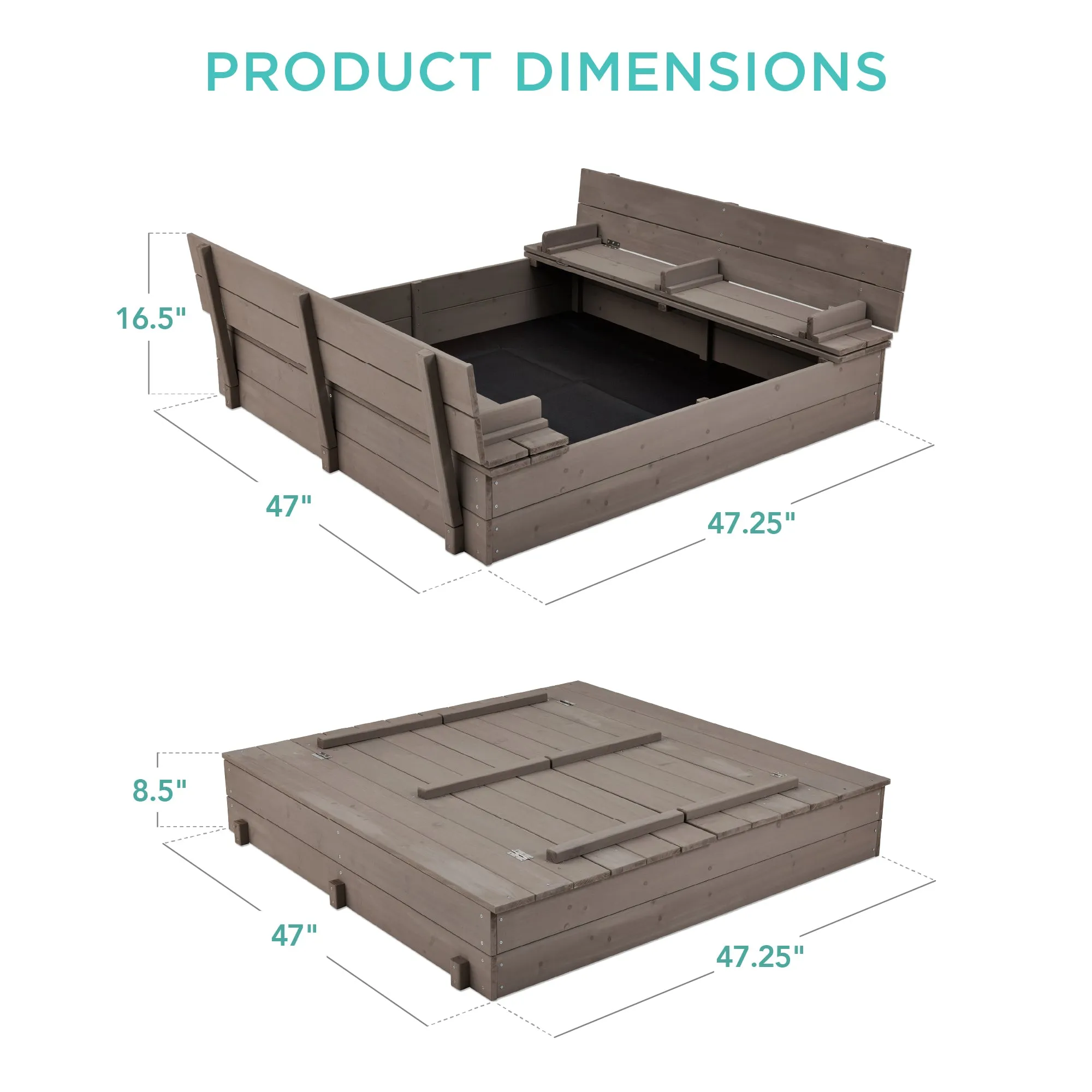 Kids Cedar Sandbox w/ Sand Screen, 2 Benches - 47x47in