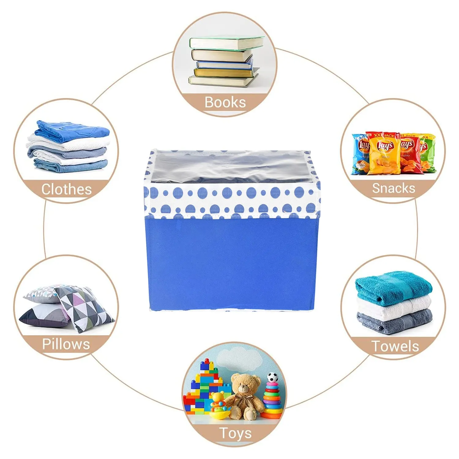 Kuber Industries Storage Box|Non-Woven Dot Print Foldable Storage Box|Large Wardrobe Organizer for Toys|Cloths with Transparent Lid & Handle|Pack of 2 (Blue)