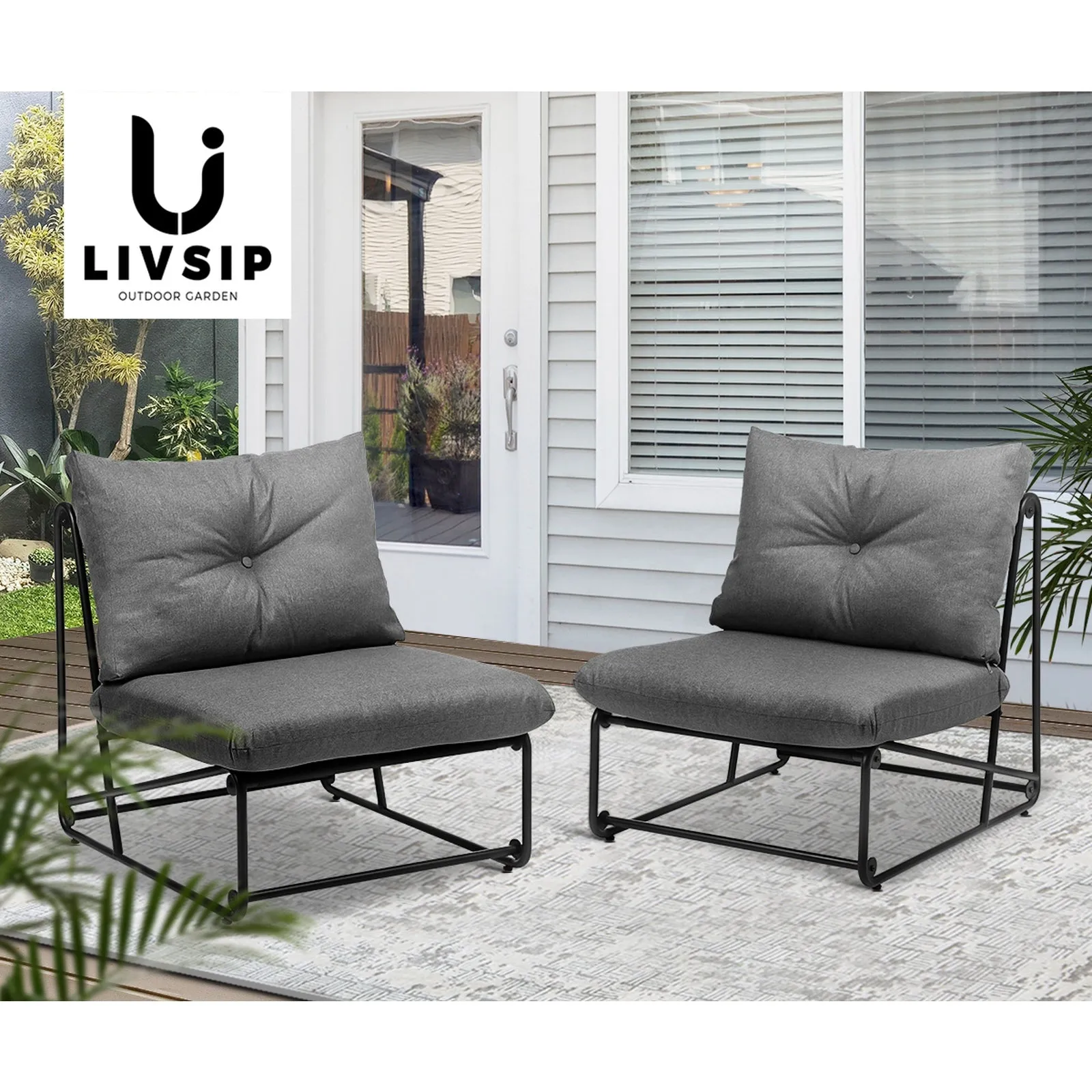 Livsip 2PCS Outdoor Dining Chairs Patio Furniture Sofa Lounge Chair Garden Grey