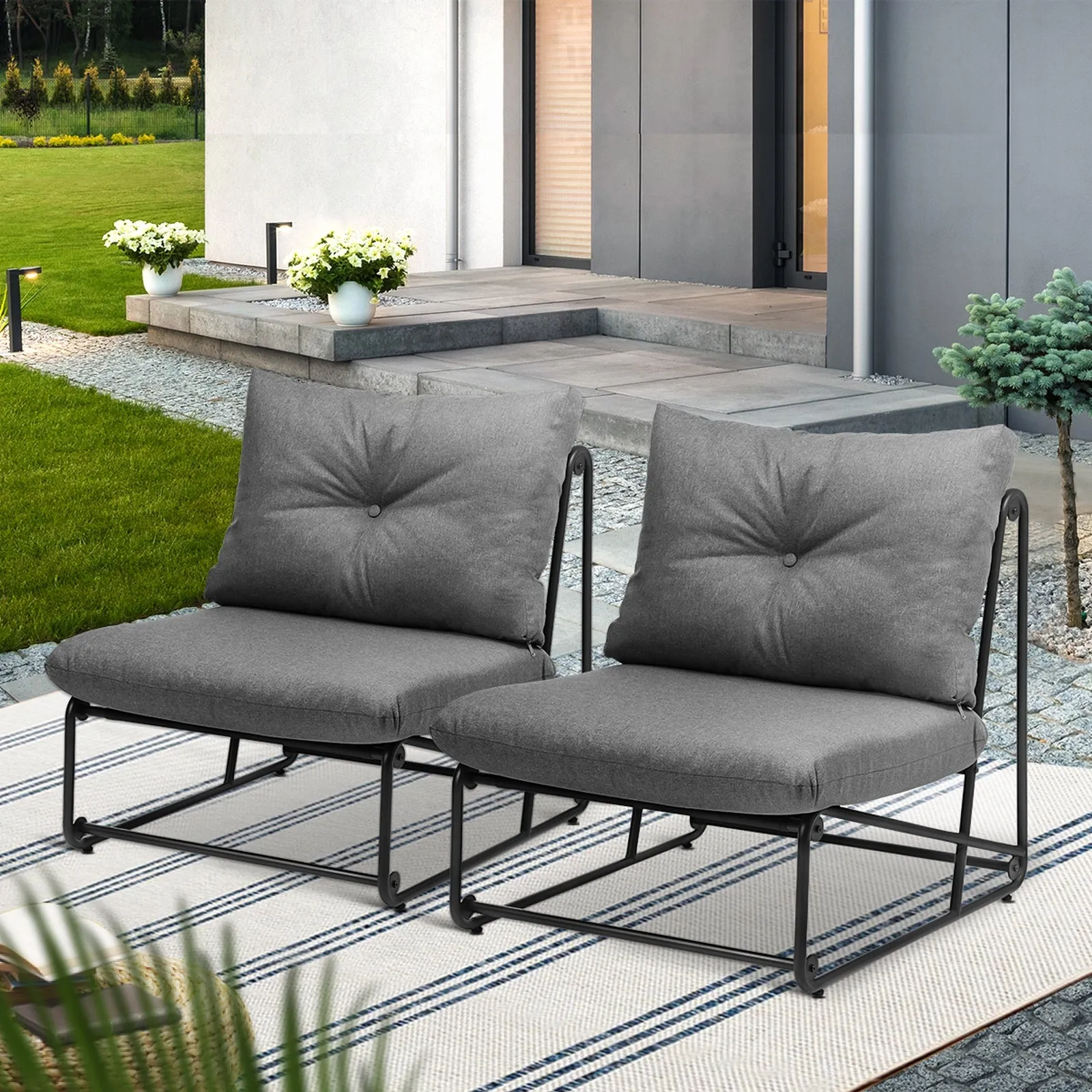 Livsip 2PCS Outdoor Dining Chairs Patio Furniture Sofa Lounge Chair Garden Grey