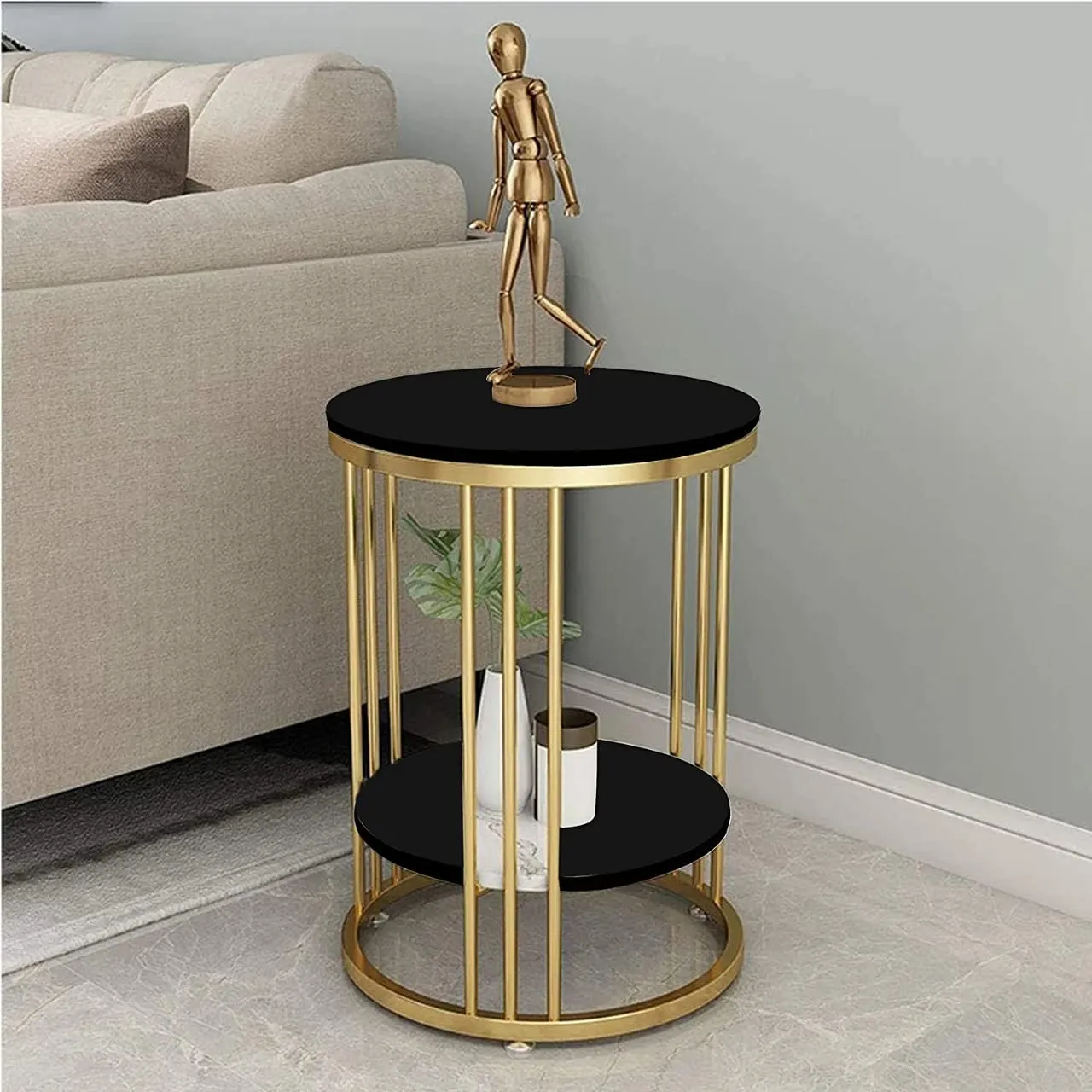 LIXERA Side End Table Frame Sofa Corner Table for Living Room Coffee Table Striped Top and Metal Frame Sofa Table End Table, Bedroom Simple (Gold Black)