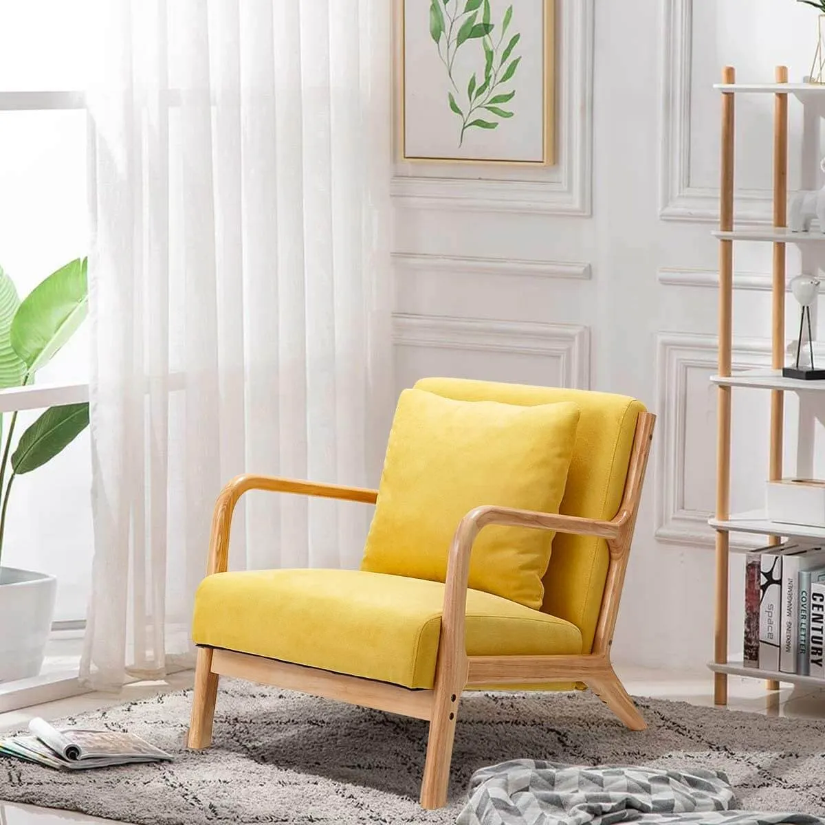 Lounge Arm Chair Mid Century Modern Accent Chair Wood Frame Armchair, Yellow