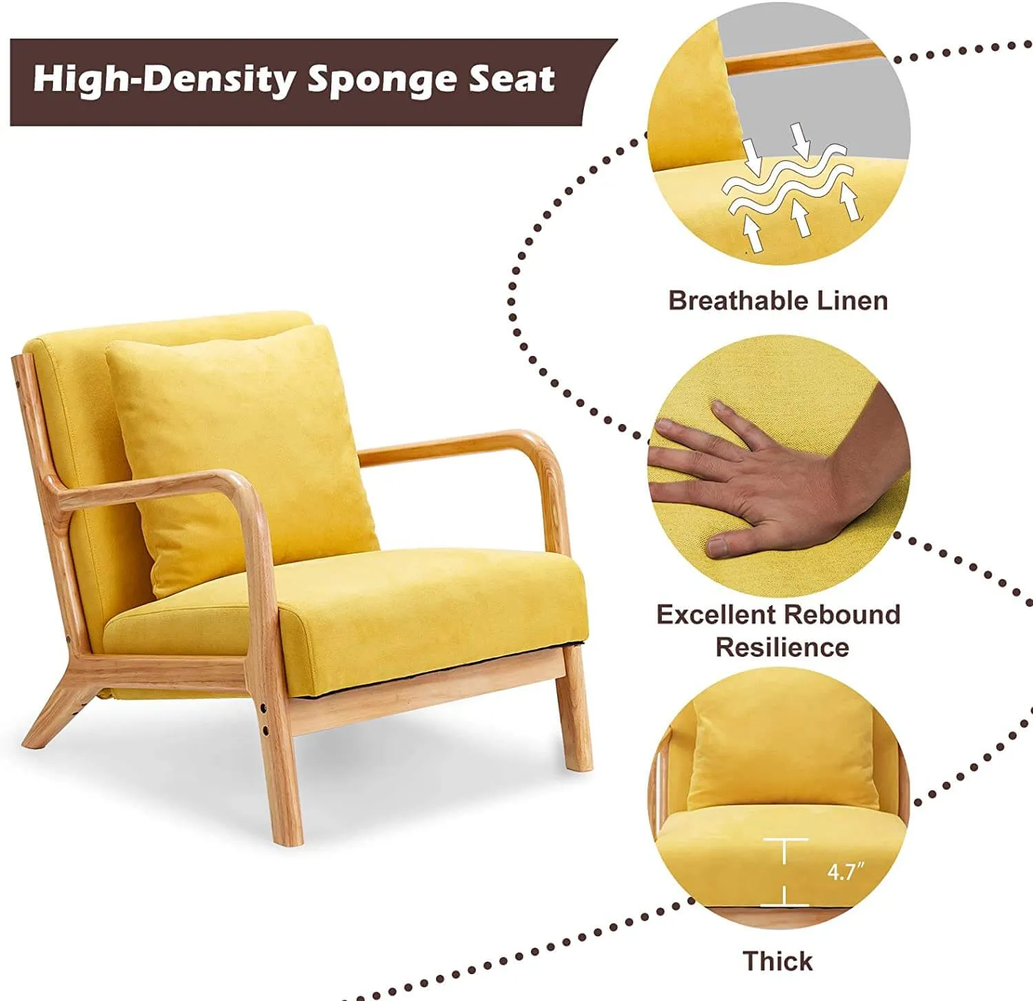 Lounge Arm Chair Mid Century Modern Accent Chair Wood Frame Armchair, Yellow