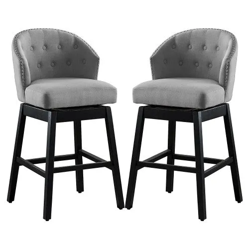 Luxurious 2 Piece Bar Stool Set | 360 Degrees Swivel Kitchen Bar Stools | Heavy Duty Wooden Legs | Backrest | Grey