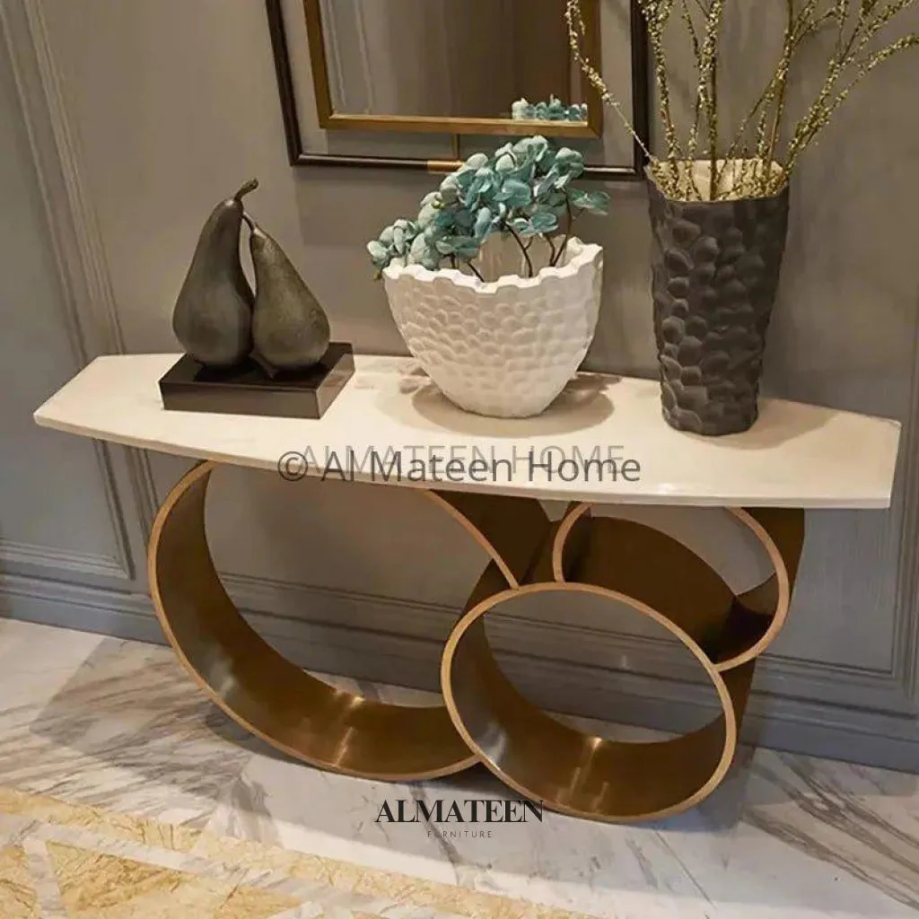 Modern Narrow White Console Table with Marble Top and Stainless Steel Pedestal