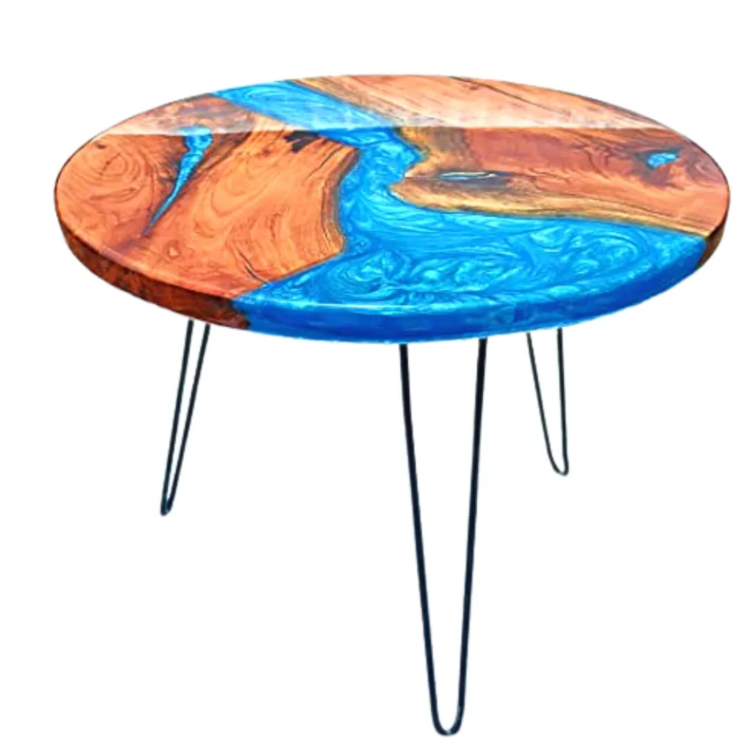 Nav Konst Epoxy Resin Blue Metallic Mold Designed Table | Natural Solid Wooden Table for Living Room, Bedroom & Dining Room with Water Proof & Weather Resistance (9 Inches Radius & 18 Inches Height)