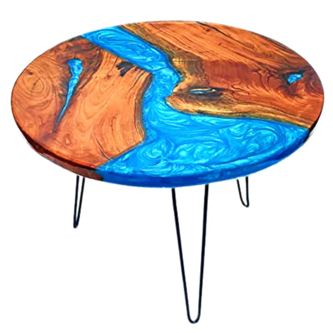 Nav Konst Epoxy Resin Blue Metallic Mold Designed Table | Natural Solid Wooden Table for Living Room, Bedroom & Dining Room with Water Proof & Weather Resistance (9 Inches Radius & 18 Inches Height)