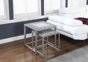 Nesting Table - 2Pcs Set / Grey / Blue Tile Top / Silver