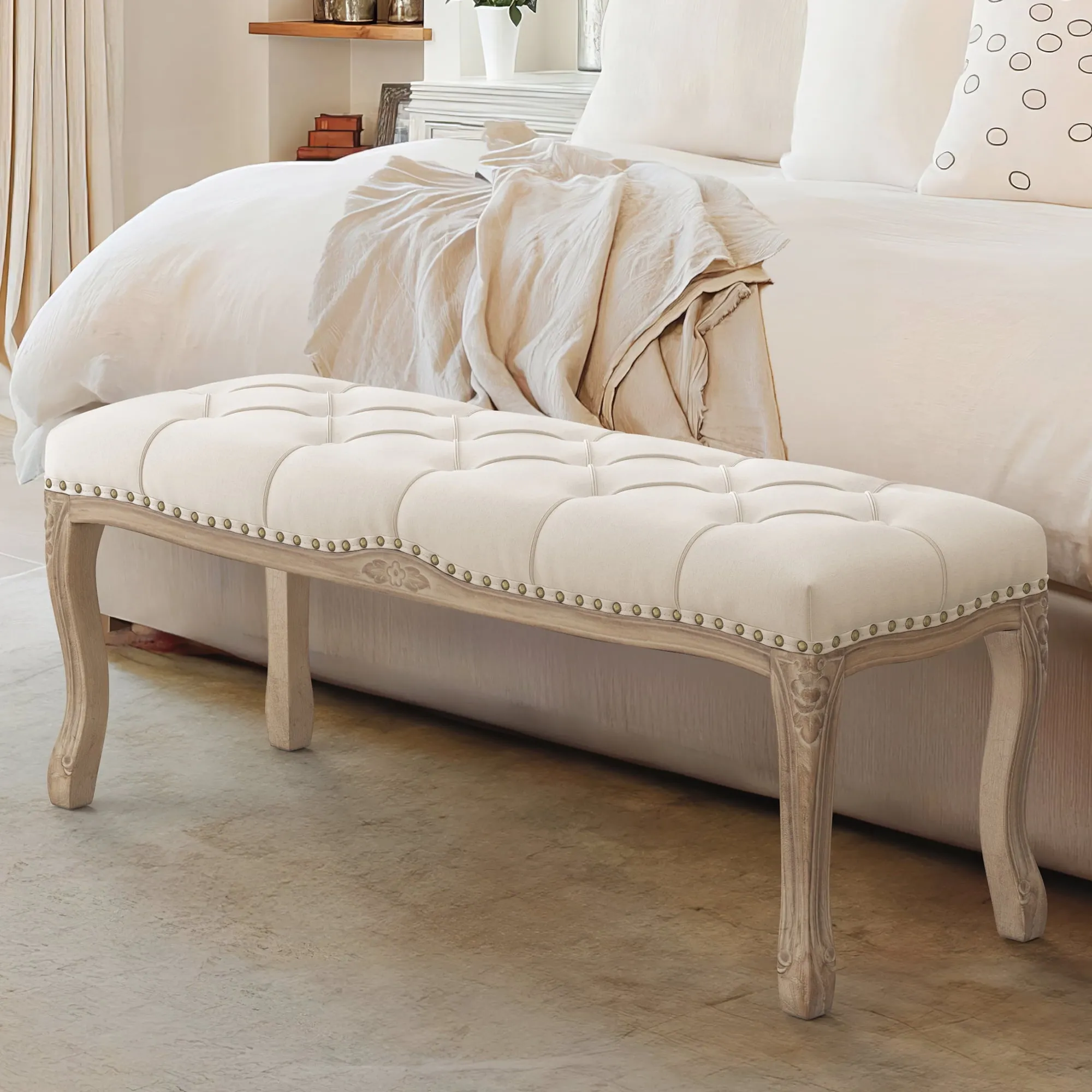 relaxed Dycanpo 45.2"L x 18.3"H French Bedroom Bench Seat Linen Upholstered, Beige