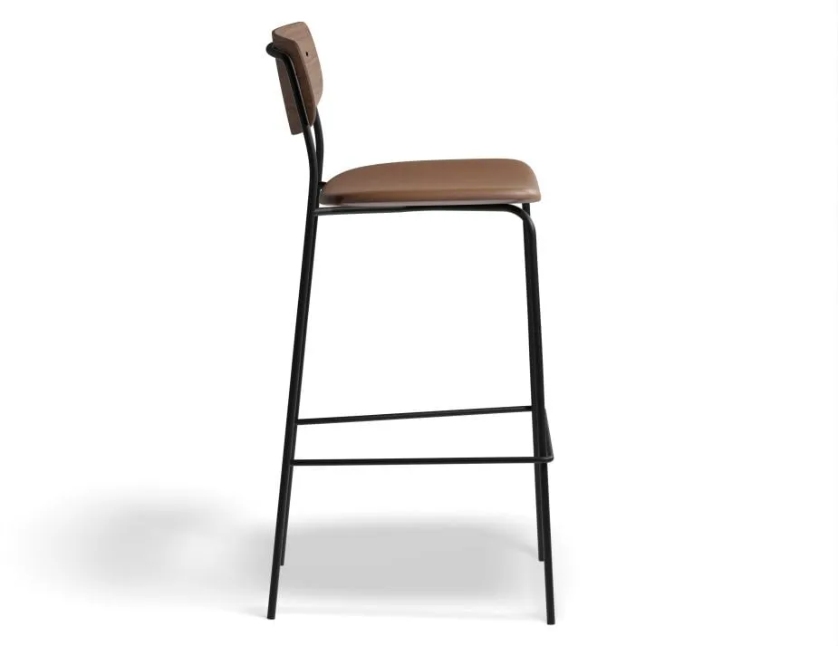 Rylie Stool - Padded Seat with Walnut Backrest - 75cm Bar Height - Grey Vegan Leather Seat