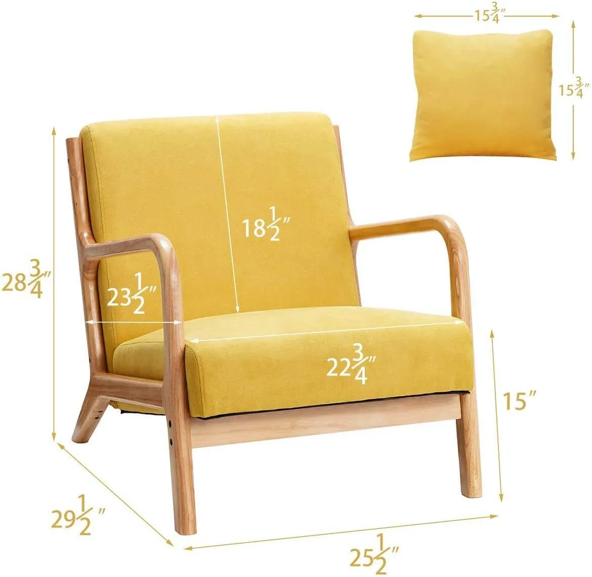 Set of 2 Lounge Arm Chair Mid Century Modern Accent Chair Wood Frame Armchair, Yellow