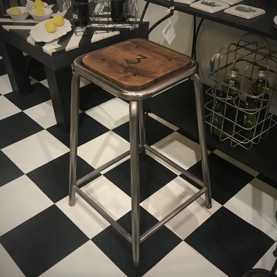 Set of Three Wood and Iron Stools