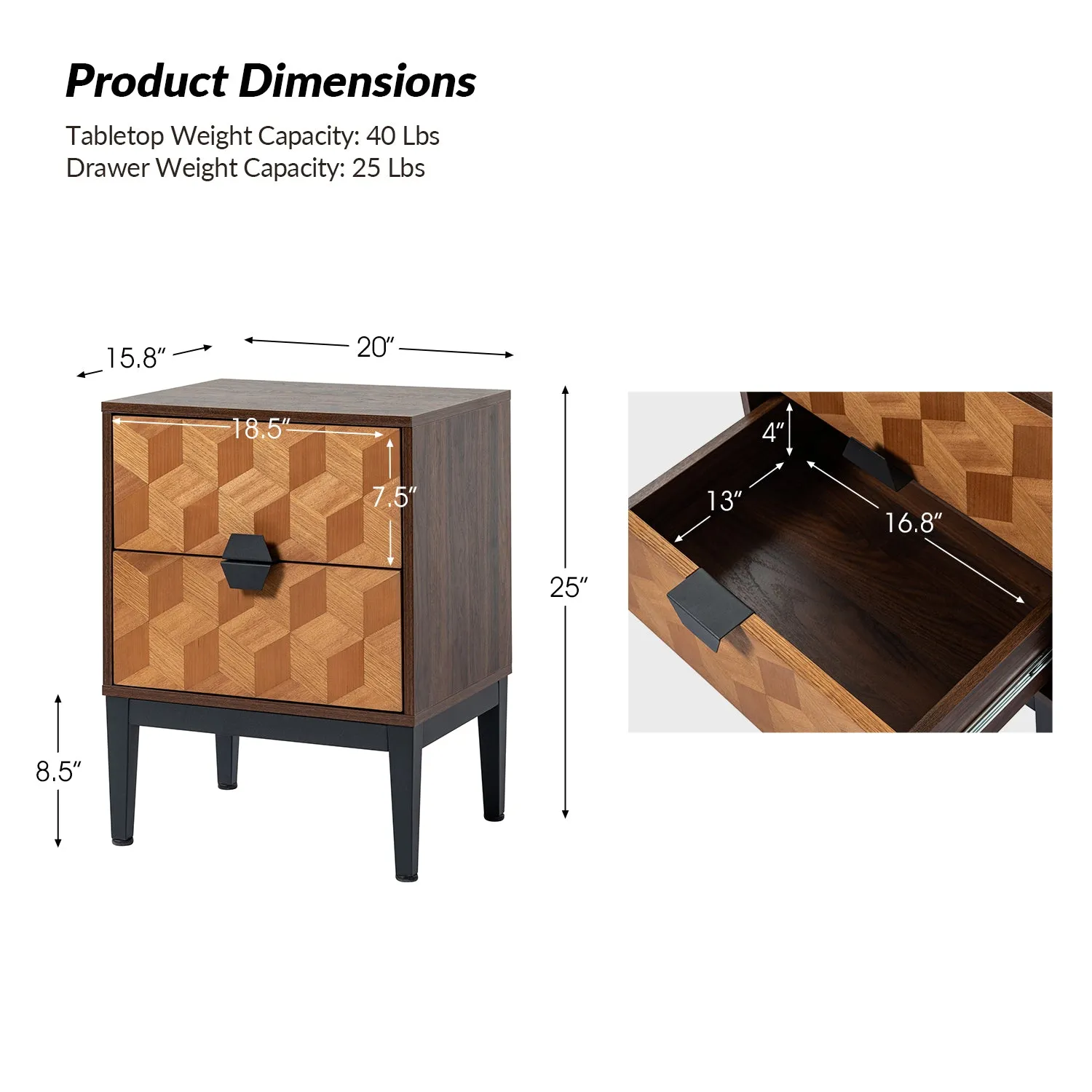 Siap 25" Tall 2-Drawer Nightstand with Built-in Outlets