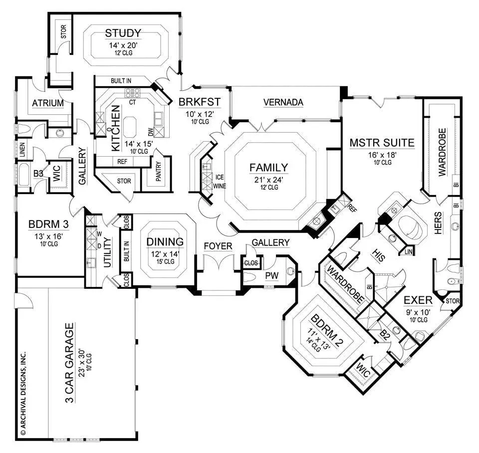 Spacious 3-Bedroom Home Plan with 3.5 Baths and Courtyard Garage