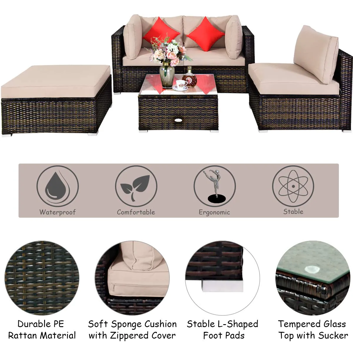 Tangkula 5 PCS Patio Rattan Furniture Set, Outdoor Sectional Rattan Sofa Set with Back & Seat Cushions