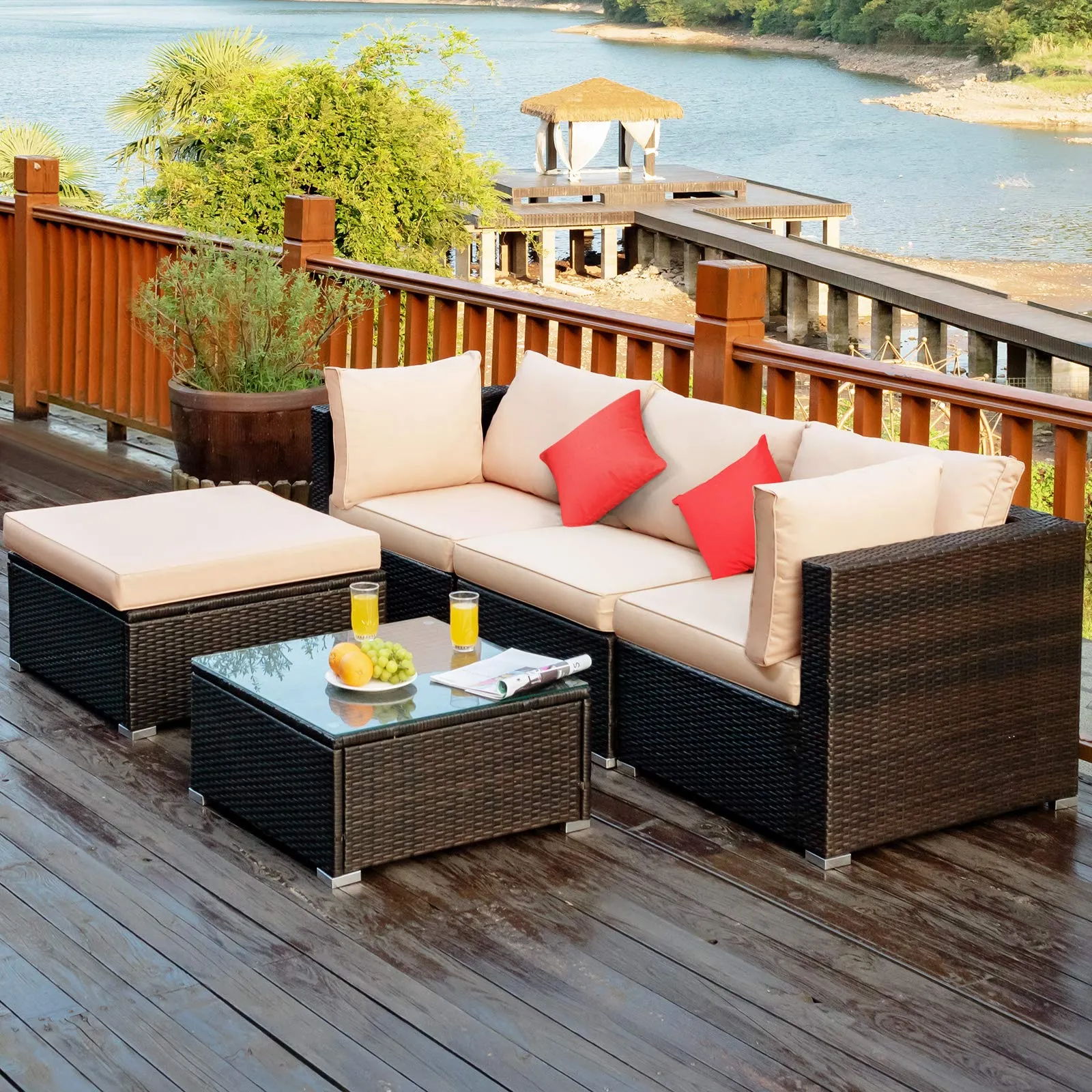 Tangkula 5 PCS Patio Rattan Furniture Set, Outdoor Sectional Rattan Sofa Set with Back & Seat Cushions