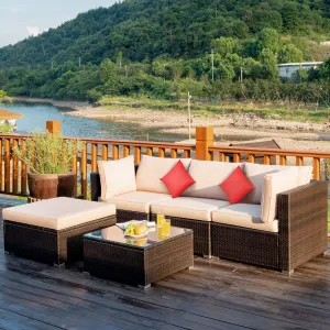 Tangkula 5 PCS Patio Rattan Furniture Set, Outdoor Sectional Rattan Sofa Set with Back & Seat Cushions