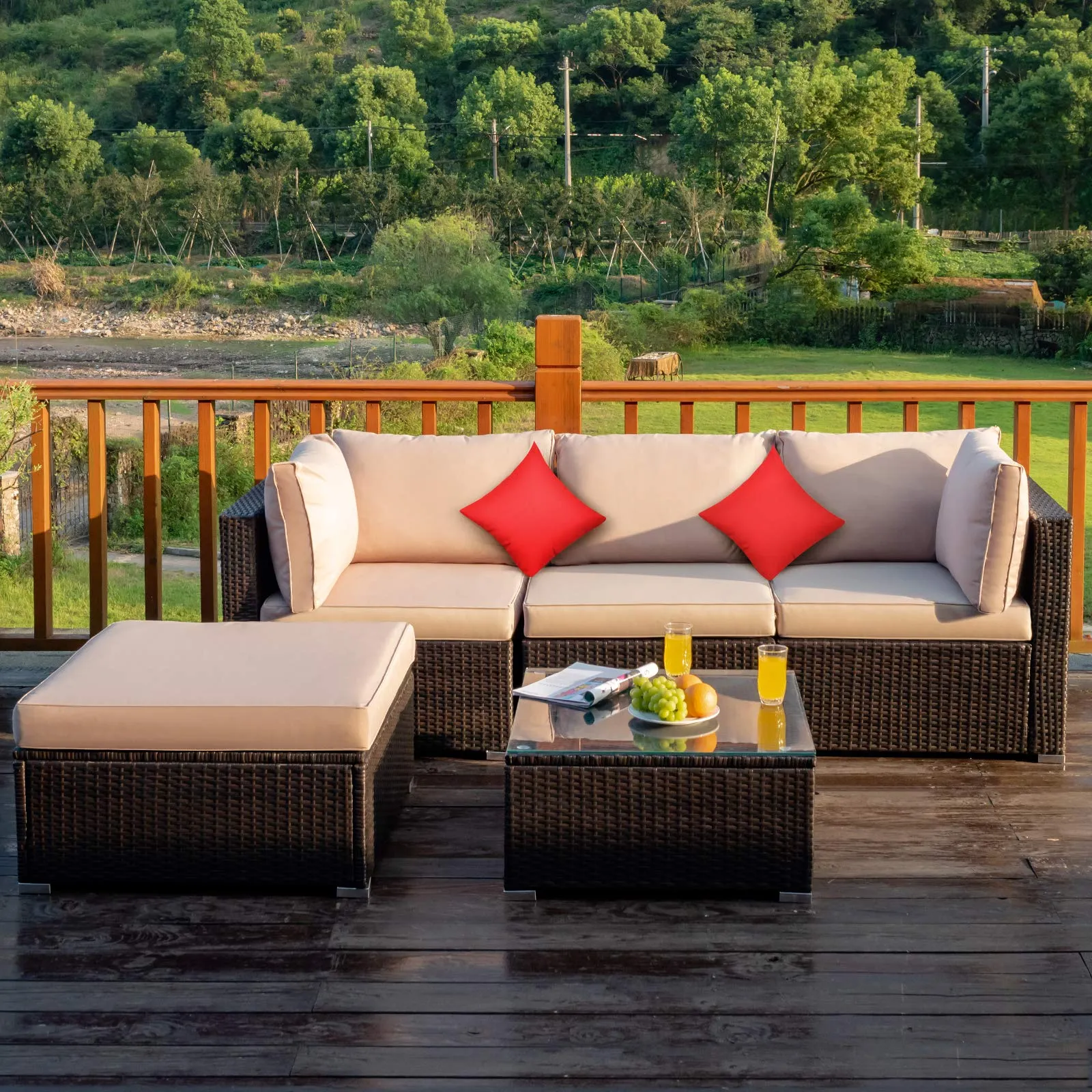 Tangkula 5 PCS Patio Rattan Furniture Set, Outdoor Sectional Rattan Sofa Set with Back & Seat Cushions