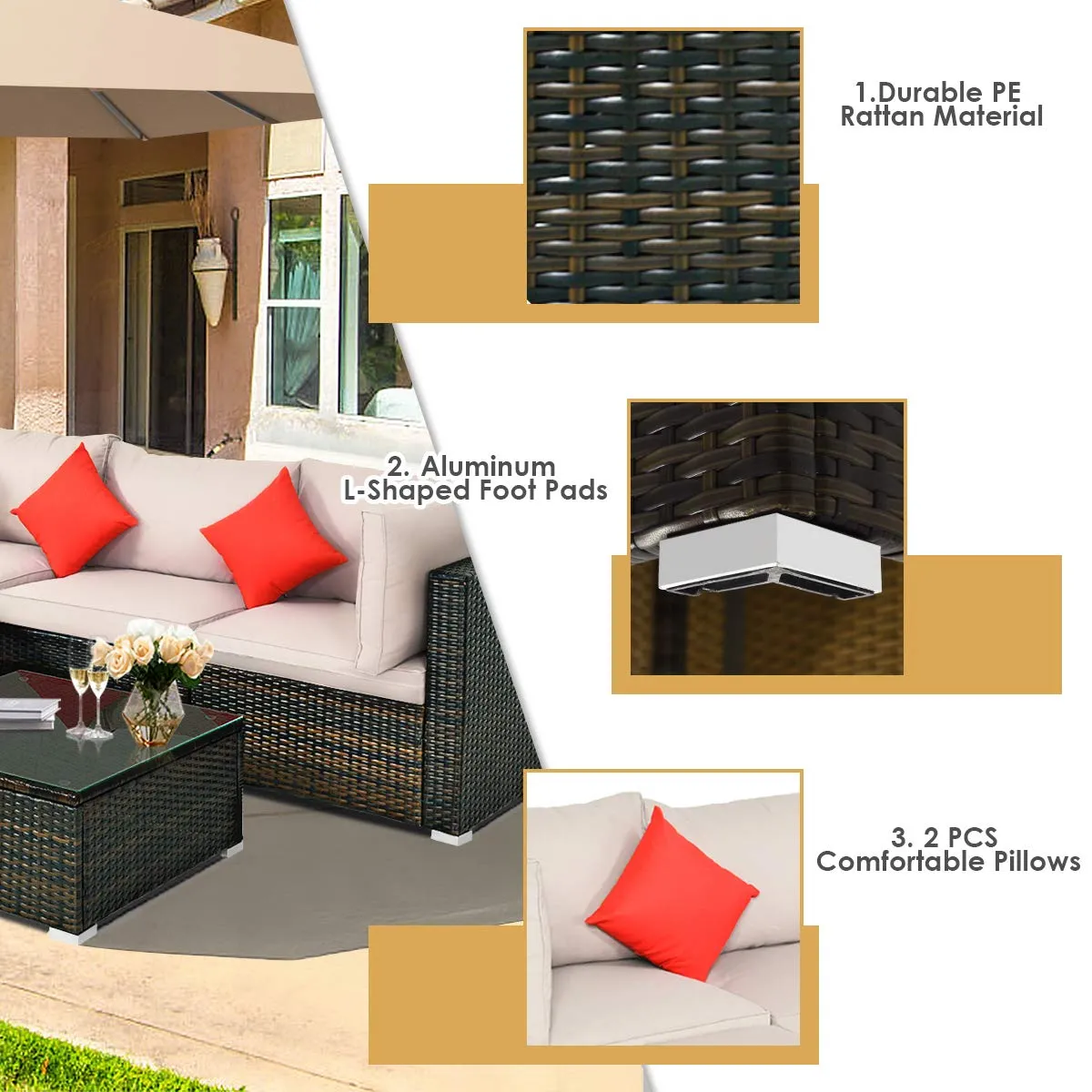 Tangkula 5 PCS Patio Rattan Furniture Set, Outdoor Sectional Rattan Sofa Set with Back & Seat Cushions