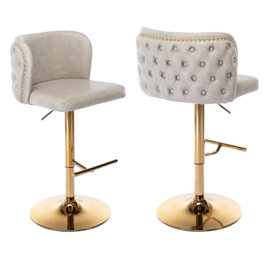 Two Leather Golden Base Swivel Bar Stools- Beige