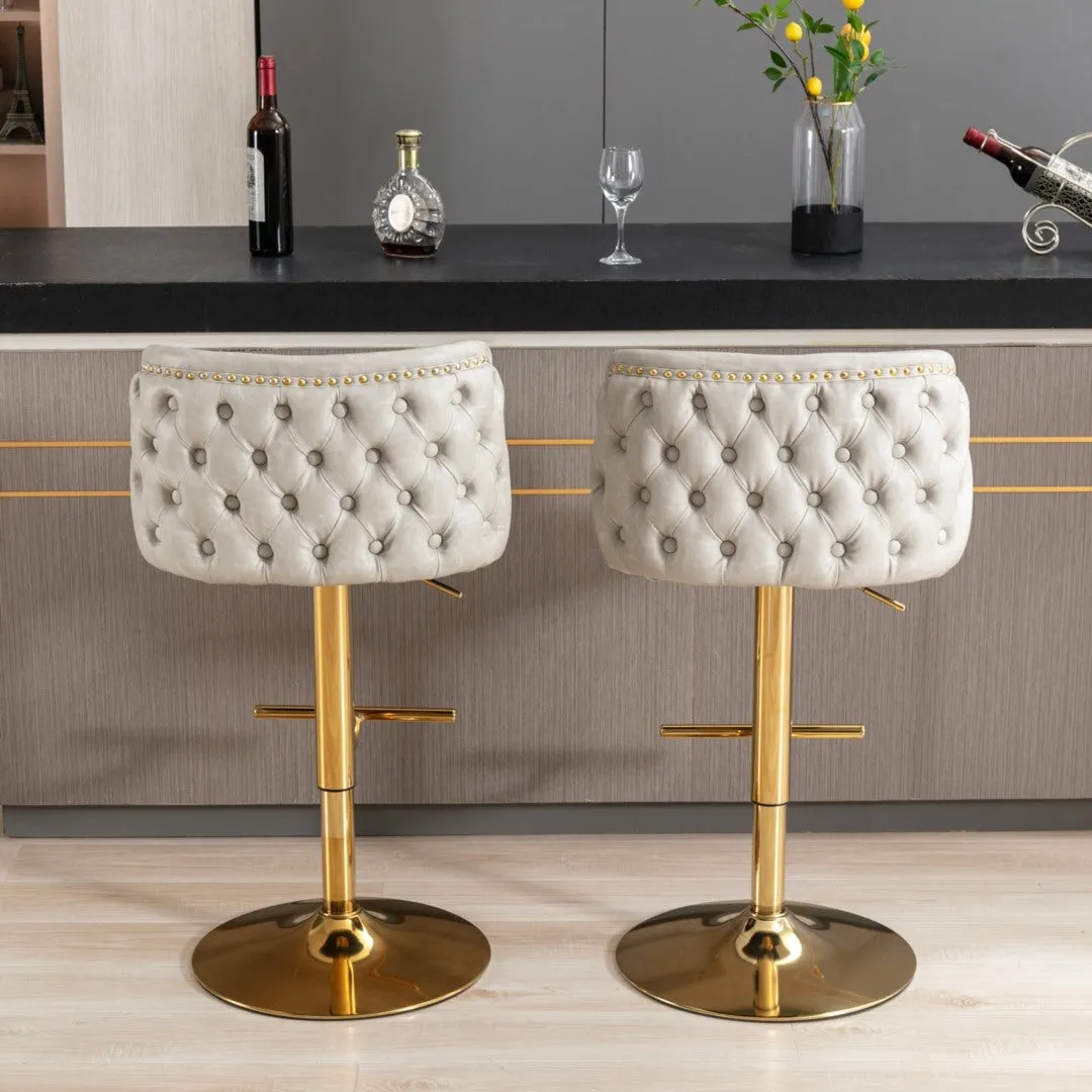 Two Leather Golden Base Swivel Bar Stools- Beige