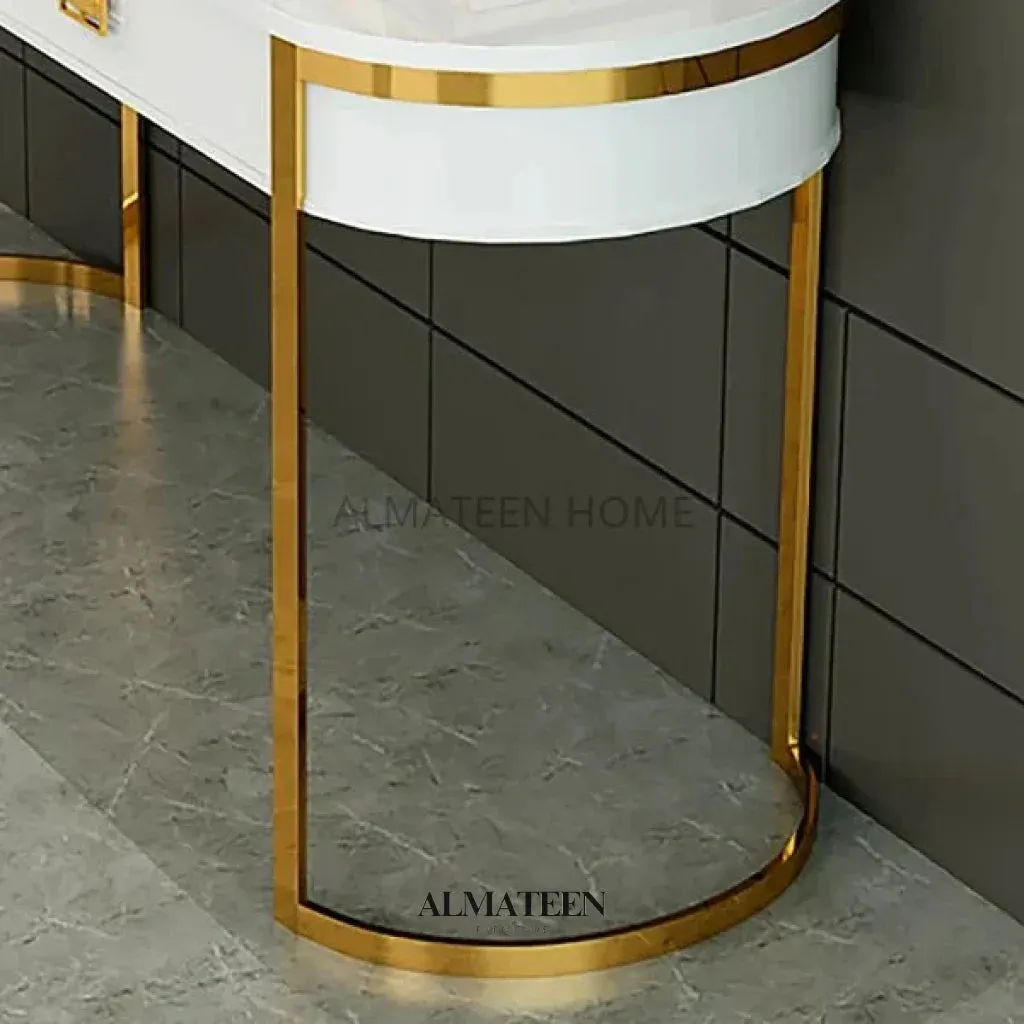 Villa White and Golden Console Table with Stainless Steel Pedestal