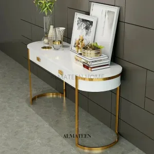 Villa White and Golden Console Table with Stainless Steel Pedestal