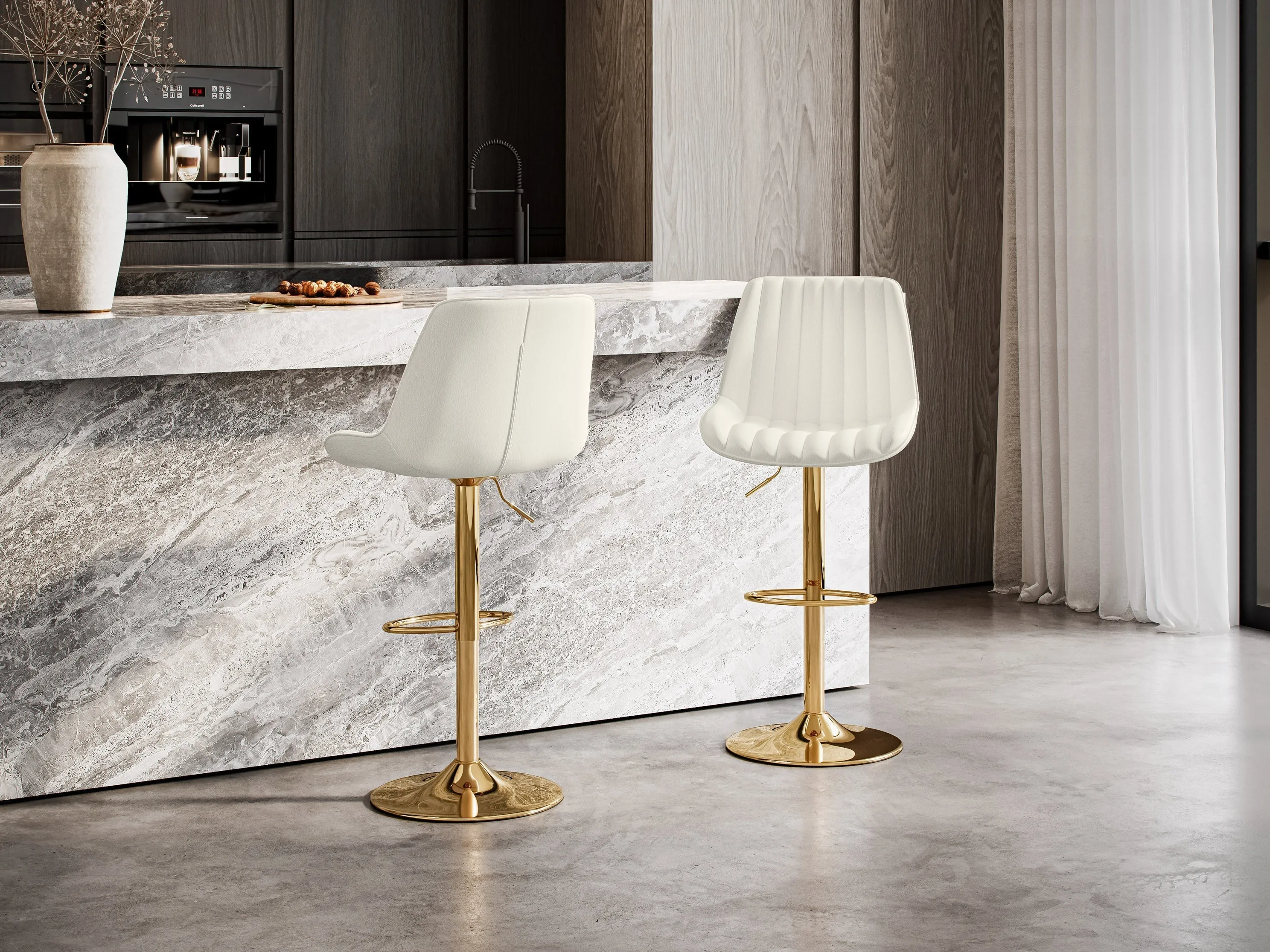 White Adjustable Gold Bar Stools, Set of 2