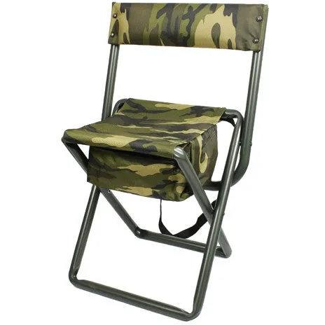 Woodland Camouflage - Military Style Deluxe Folding Stool with Back Pouch