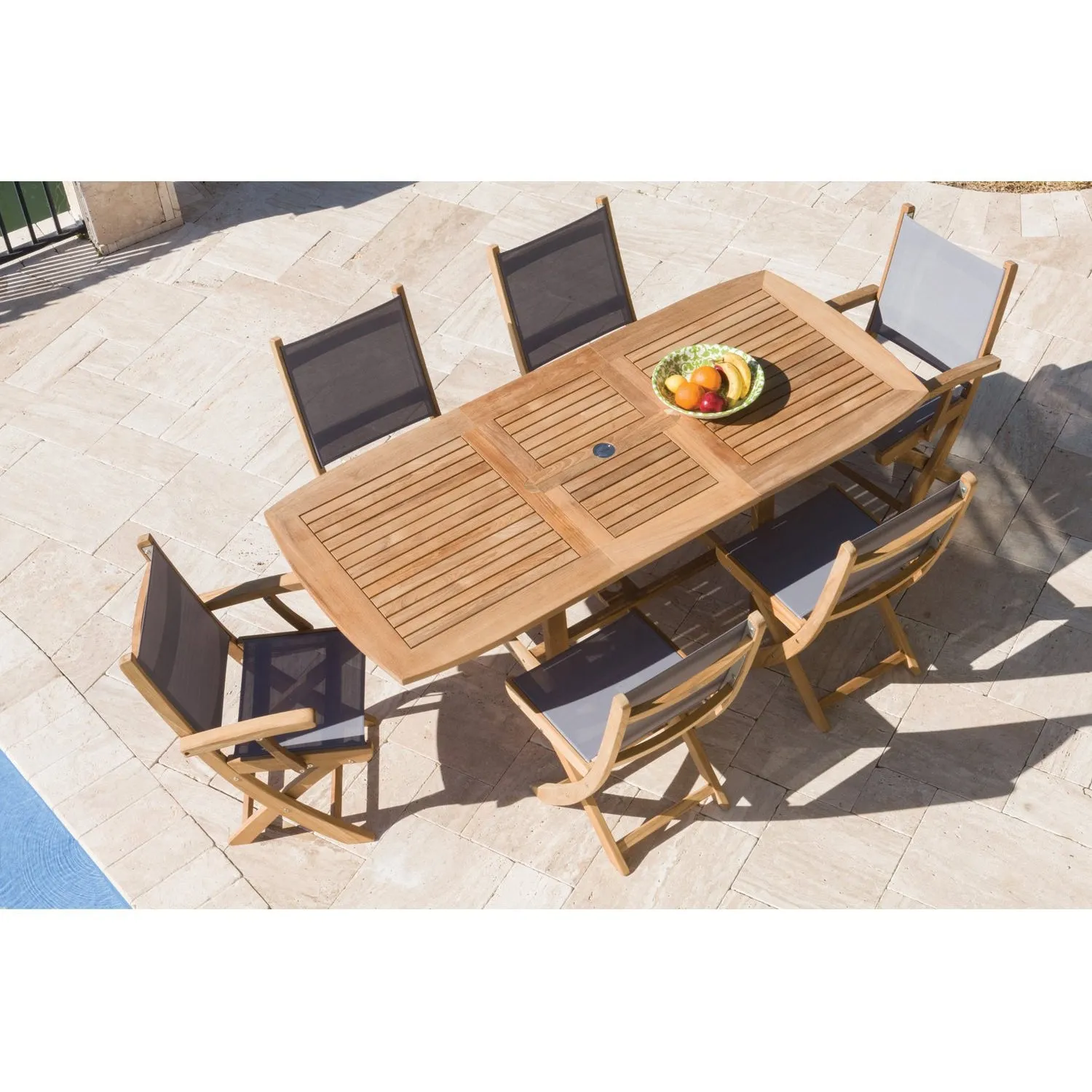 Yacht Teak Banquet 96-118" Extendable 9pc Outdoor Dining Set with 8 Yacht Armchairs