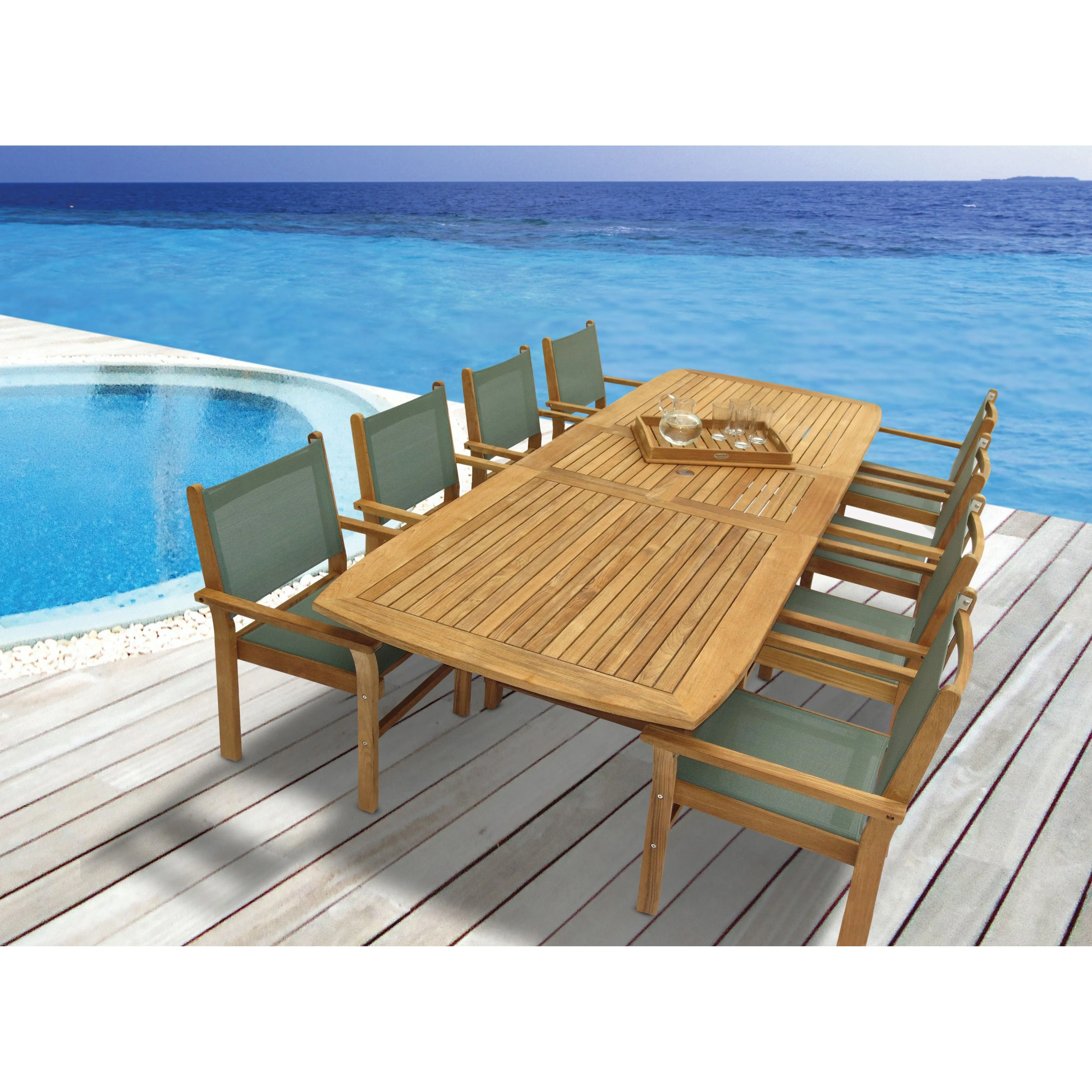 Yacht Teak Banquet 96-118" Extendable 9pc Outdoor Dining Set with 8 Yacht Armchairs