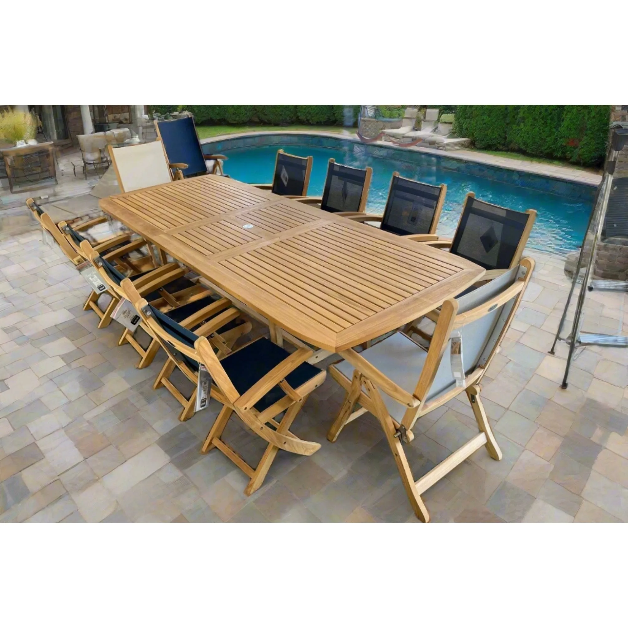 Yacht Teak Banquet 96-118" Extendable 9pc Outdoor Dining Set with 8 Yacht Armchairs