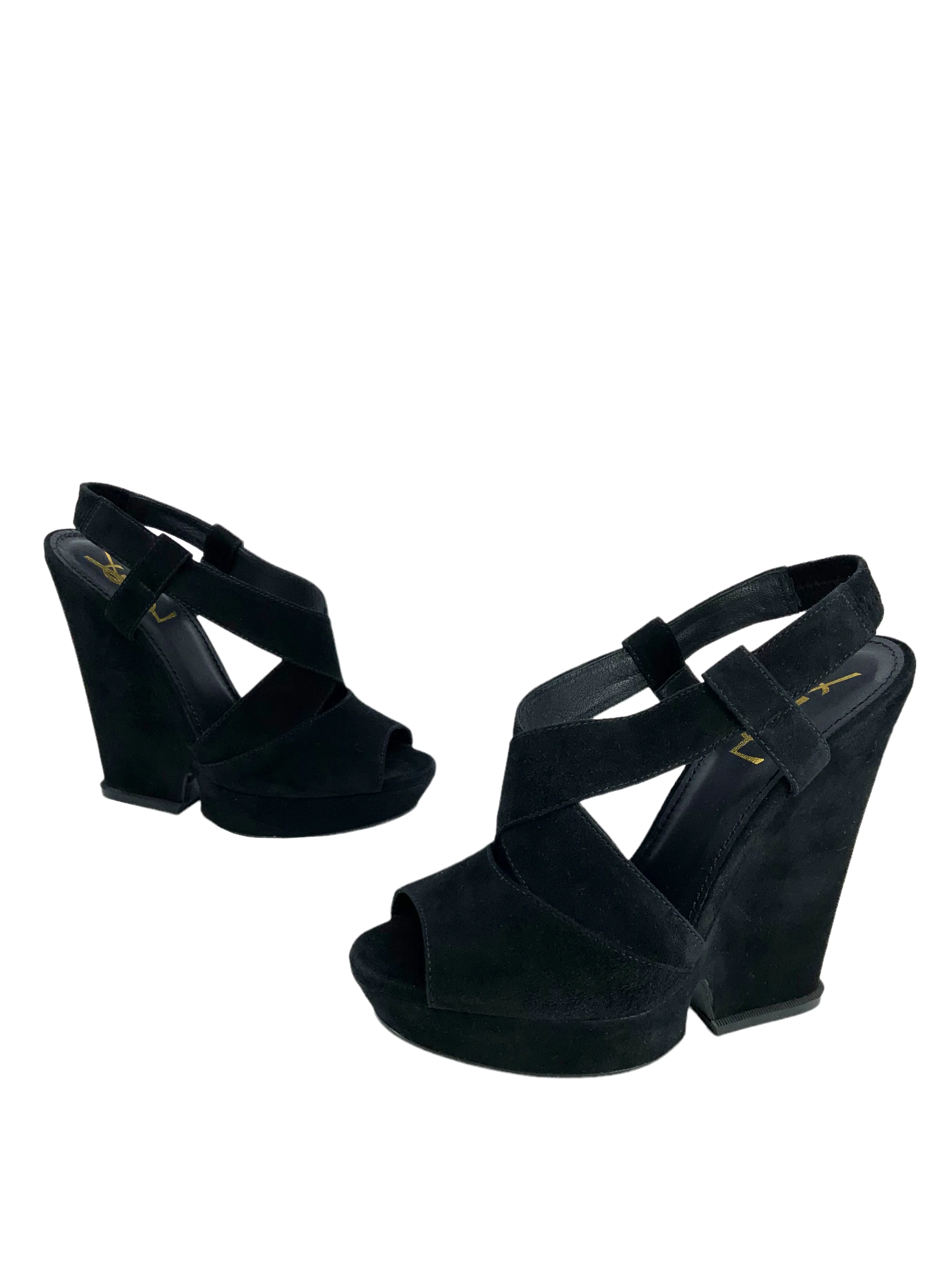 Yves Saint Laurent YSL Hortense 105 Suede Peep Toe Wedges Size 9.5